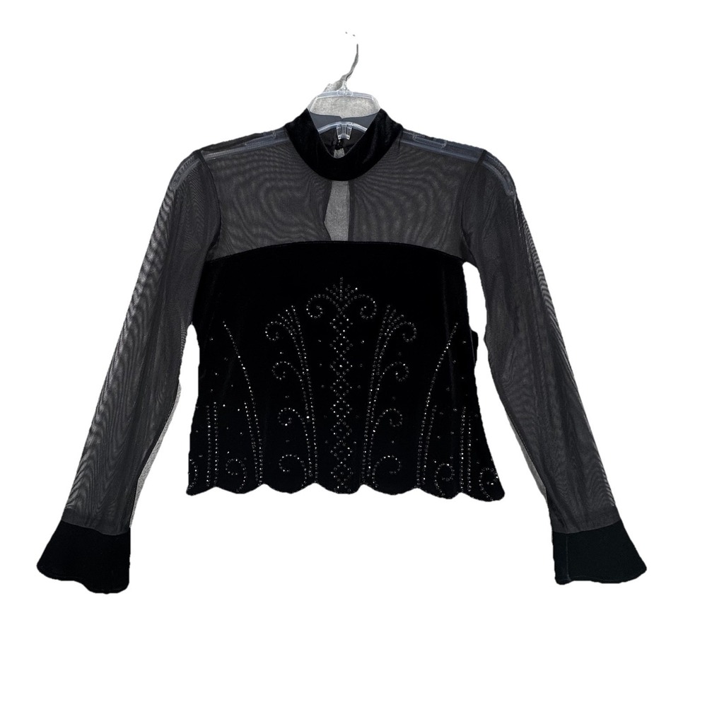 JR Nites Shirt Womens 12 Petite Black Blouse Rhinestones Sheer Party Whimsygoth